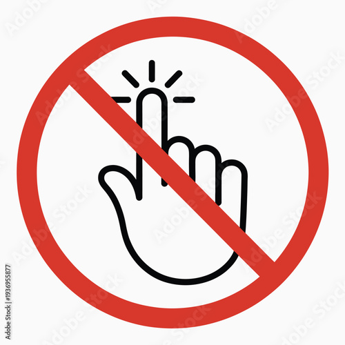 No Tapping or Clicking Sign Icon, vector illustration featuring prohibited hand touch gesture in red crossed-out circle, stop touching and restricted access symbol, isolated on white for safety, 