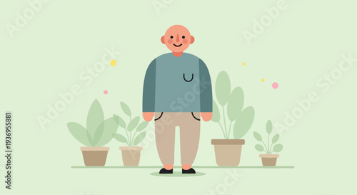 A smiling, bald man stands among potted plants on a pale green background with colorful dots