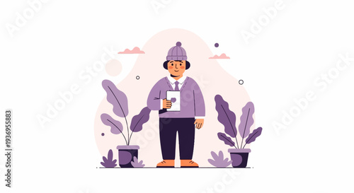 A person in purple beanie, sweater, and pants holds a tablet amidst potted plants and abstract shapes