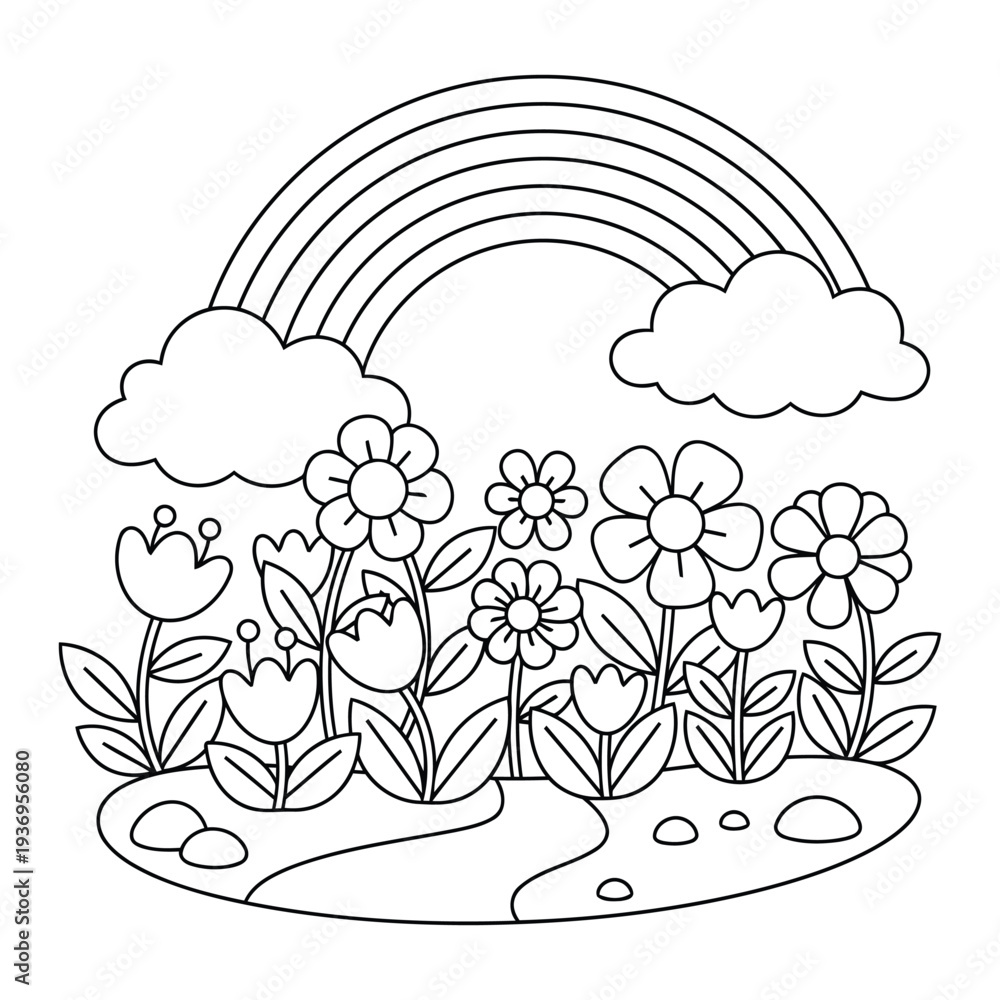 Fototapeta premium Flower garden coloring page with rainbow above blooming spring flowers in simple outline