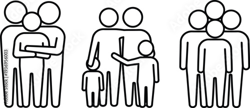 Simple outline icons depicting various family structures and groupings of people, illustrating diverse social dynamics and relationships within a community or household setting, ideal for informationa