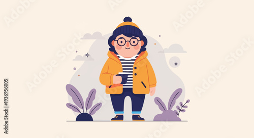 A cheerful, round-faced person in winter attire holds a cup outdoors