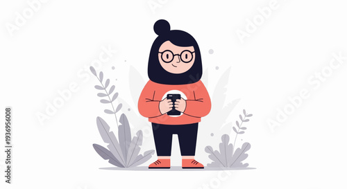 Stylized figure with dark hair, glasses, and orange sweater holds a phone