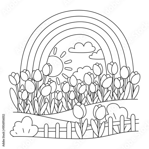 Tulip field coloring page with rainbow sunrise and garden fence in simple outline