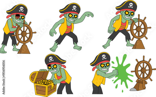 Cartoon illustration of zombie pirate character in multiple poses with treasure chest, ship wheel, and green slime, showcasing humorous fantasy adventure design