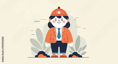Whimsical character in a suit and hat stands among stylized plants