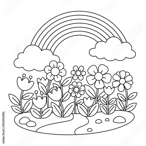 Flower garden coloring page with rainbow above blooming spring flowers in simple outline