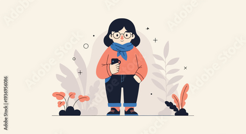 A person in glasses and a scarf holds a phone, standing amidst abstract plants