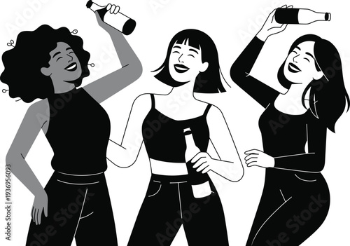 Three happy young women in black and white illustration laughing and celebrating while holding beer bottles at a party, isolated