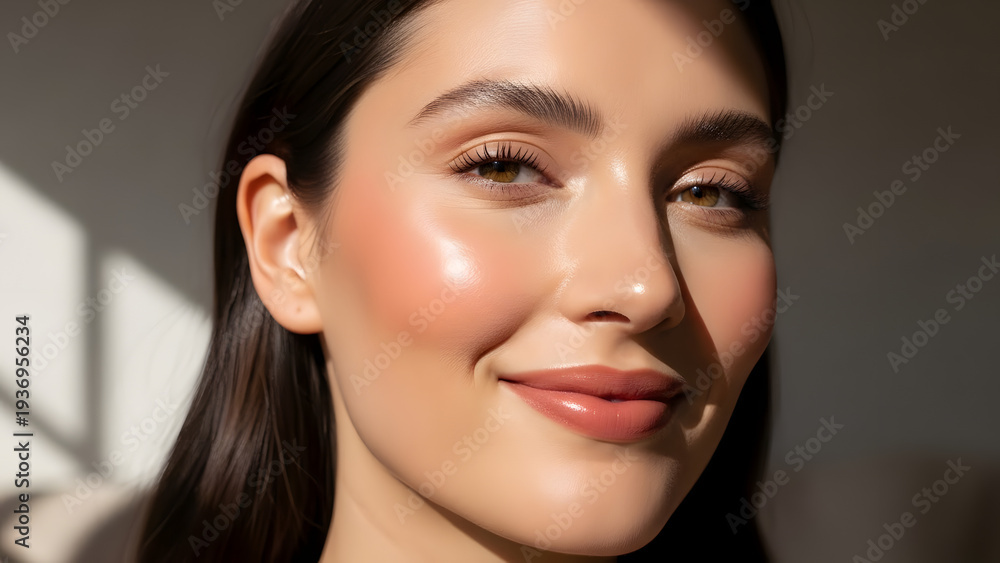 Fototapeta premium Radiant Young Woman with Natural Glowy Makeup Smiling in Warm Golden Hour Sunlight Highlighting Dewy Cheekbones and Skin
