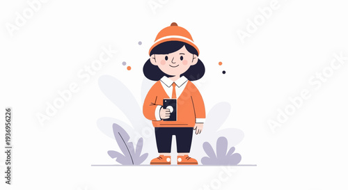 A happy child in a safari hat and orange outfit holds a phone