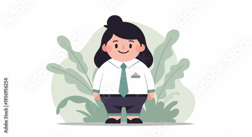 A cartoon character in formal attire stands amidst stylized green foliage