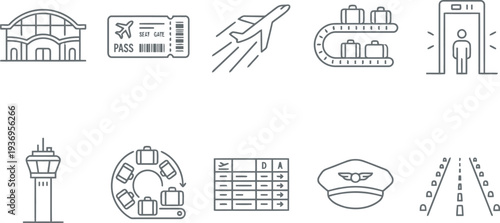 Collection of airport and aviation line icons featuring terminal, ticket, plane, and security