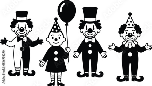 Cute clown characters silhouette set with circus performers, funny carnival entertainers, party mascot illustration collection, playful clown vector isolated on white background