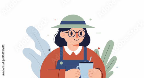 Cheerful person with glasses and hat enjoys a drink amidst stylized plants