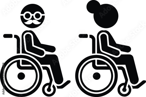 Black silhouette icons portraying an elderly man with glasses and a mustache sitting in a wheelchair alongside an elderly woman with a bun hairstyle also in a wheelchair, symbolizing accessibility and