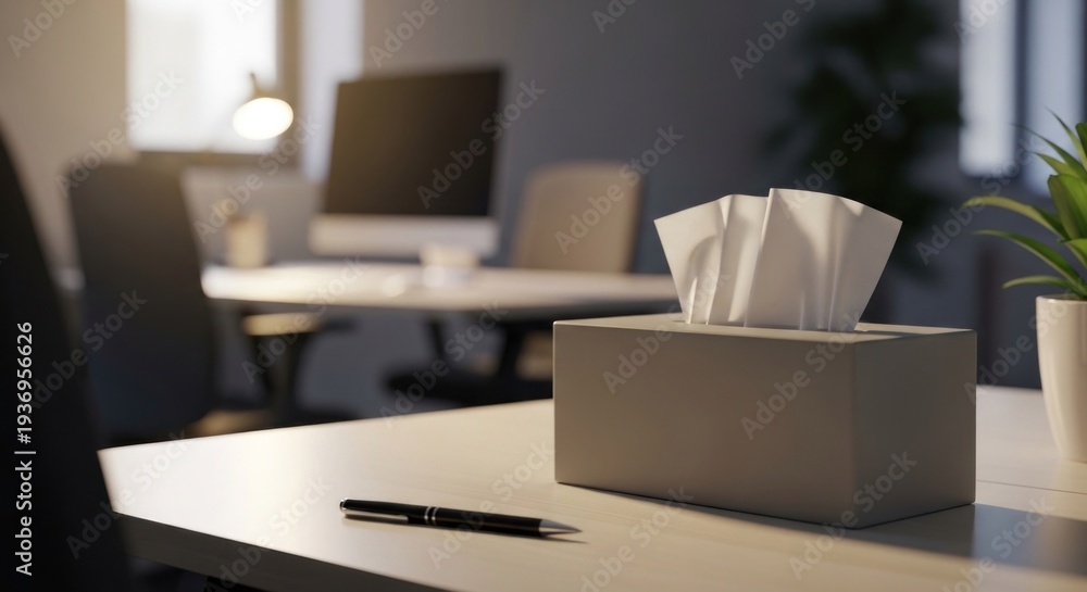 Fototapeta premium Tissue box, pen on desk in warm, blurred office scene