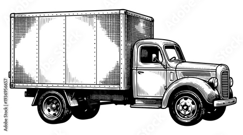Box delivery truck cargo van vector engraving style on white isolated background for logistics service poster design