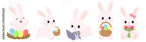 Easter Bunny collection. Cute pink rabbit characters with colorful eggs, basket and christian cross. Kawaii vector set.