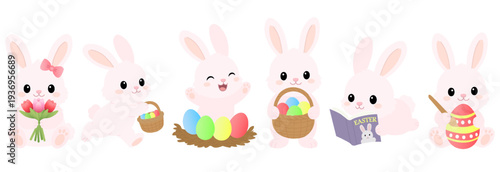 Easter Bunny collection. Cute pink rabbit characters with colorful eggs, basket and christian cross. Kawaii vector set.