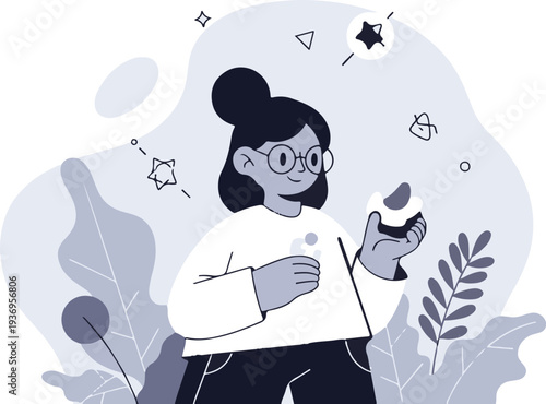 A person with glasses holds a sweet treat, surrounded by abstract shapes and foliage