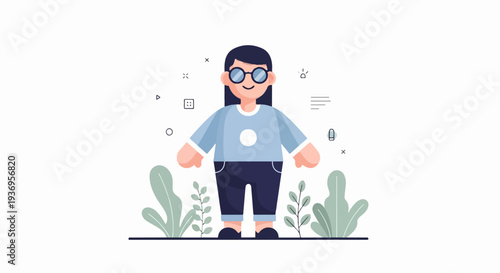 A cartoon person with glasses and a blue shirt stands amidst stylized plants