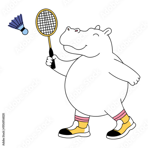 A clean and charming line-art illustration of a happy white hippo ready for a match with a racket and shuttlecock.