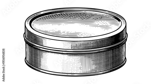 Round metal tin container lid vector engraving style on white isolated background for cosmetics packaging label design