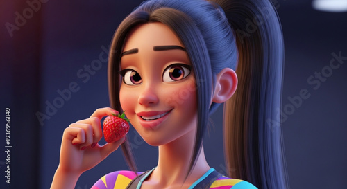 A fit Latina woman with long, straight, dark hair tied in a ponytail, wearing a colorful gym top, smiling while holding a strawberry near her mouth.