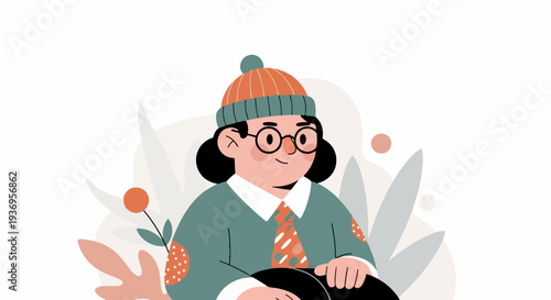 Cheerful cartoon character in a warm hat and quirky tie, set against abstract organic shapes