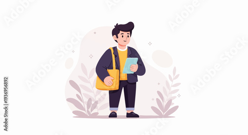 A man in a yellow shirt, dark jacket, and rolled-up pants holds a tablet