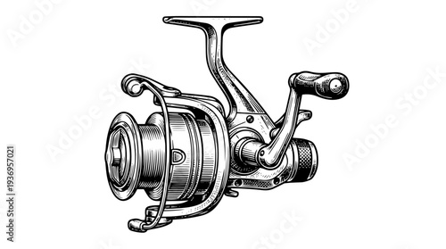 Spinning fishing reel handle spool vector engraving style on white isolated background for angling equipment logo emblem design