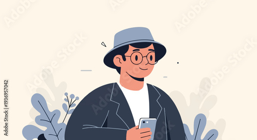 A stylish person in a hat and glasses holds a smartphone