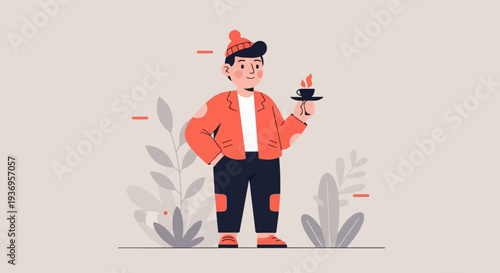 Trendy person in hat and jacket holds a steaming cup of coffee and enjoys a calm day