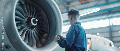 A technician in a blue uniform stands before a massive jet engine, inspecting it meticulously within an aircraft hangar.