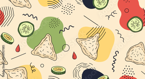 Indonesian Pempek Seamless Pattern: Modern Memphis Style Background with Fishcake and Cuko