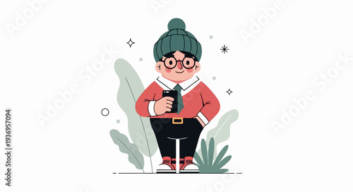 A chubby character with glasses, a beanie, and a red shirt, holding a phone