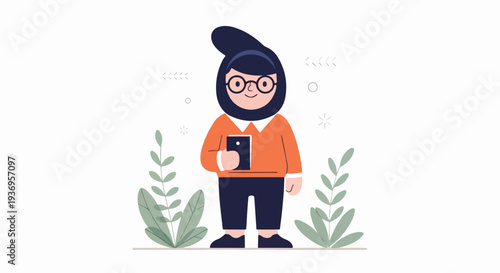 A person in a hijab and glasses, holding a phone, surrounded by plants and decorative elements