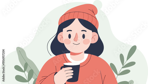 Cheerful young person in a beanie and sweater holds a dark mug, surrounded by abstract greenery