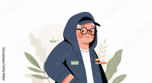 Stylish figure in a hoodie and glasses, set against a backdrop of abstract foliage and soft circles