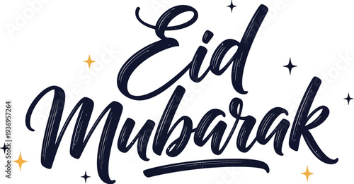 A festive Eid Mubarak greeting with elegant calligraphy and sparkles on a white background