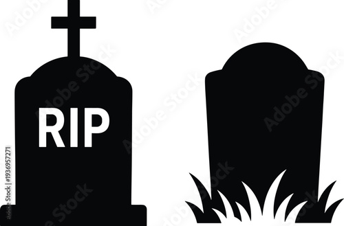 Gravestone tombstone silhouette icon set with RIP grave marker, cemetery memorial symbol collection, Halloween spooky grave vector illustration isolated on white background