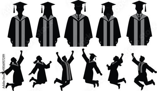 Graduation student silhouette set with academic gown and cap, celebrating graduates jumping, education success concept, university graduation vector illustration isolated on white