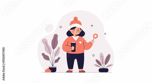 Cheerful person holding a beverage and flower near potted plants