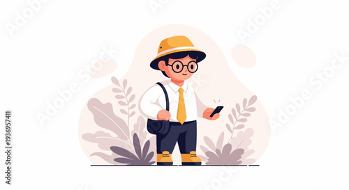 Cheerful child with safari hat, glasses, and smartphone stands amidst foliage