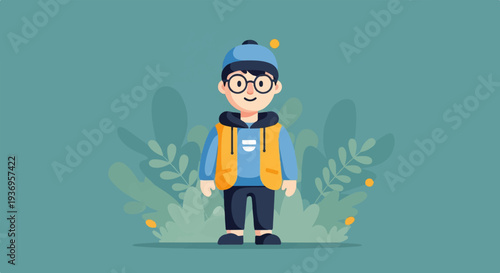 Cheerful young boy in a blue cap, glasses, and orange vest, surrounded by foliage