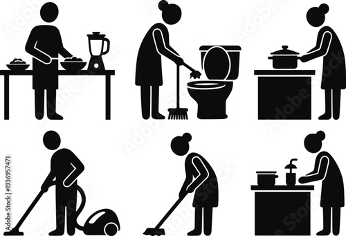 Household chores people silhouette set with cooking, cleaning, washing dishes and vacuuming, daily home activities vector illustration isolated on white background