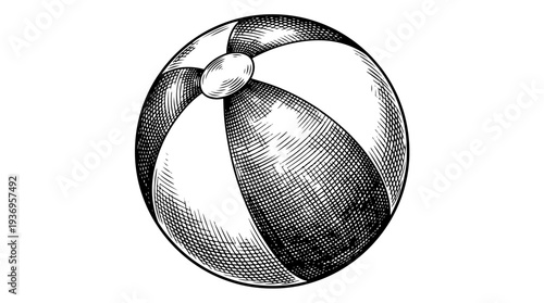 Beach ball inflatable toy vector engraving style on white isolated background for summer vacation poster design