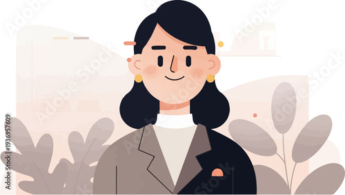 Friendly cartoon woman in a suit, smiling, with plants and abstract background