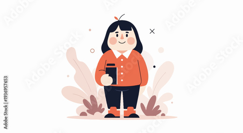 A character with dark hair and rosy cheeks holds a book, surrounded by abstract foliage